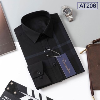 Áo Sơ Mi Nam Công Sở Trung Niên ANTON SOMIANTON Màu Xám Đen Họa Tiết Kẻ Sọc Trắng Slimfit Cotton - XAT206