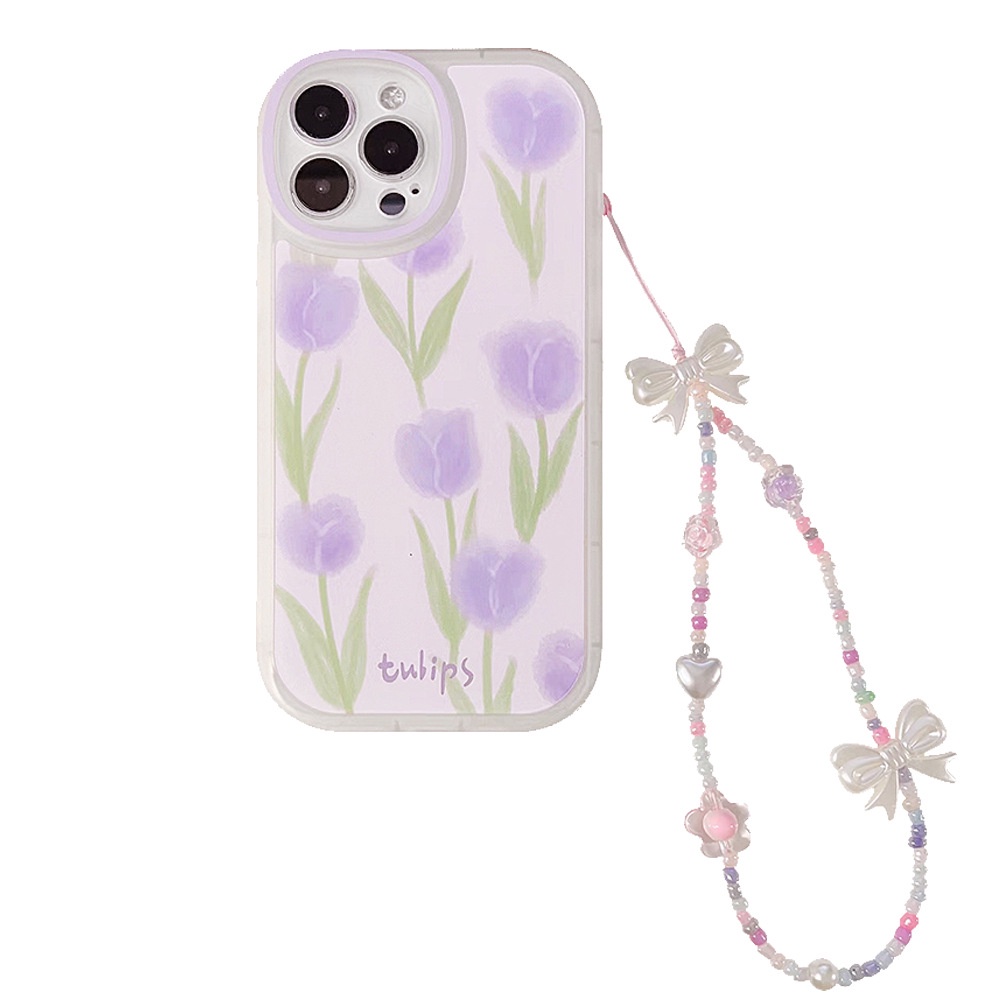 Ốp Điện Thoại Hình Hoa Tulip Tím Phối Dây Xích Thắt Nơ Cho Iphone 11 8 7 Plus SE2 XS XR 12 13 Mini PRO MAX