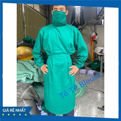Áo choàng mổ, Áo khoác phẫu thuật có khẩu trang dành cho bác sĩ Nam Nữ, viện thẩm mỹ màu xanh lá cây vải Kaki tiệt trùng