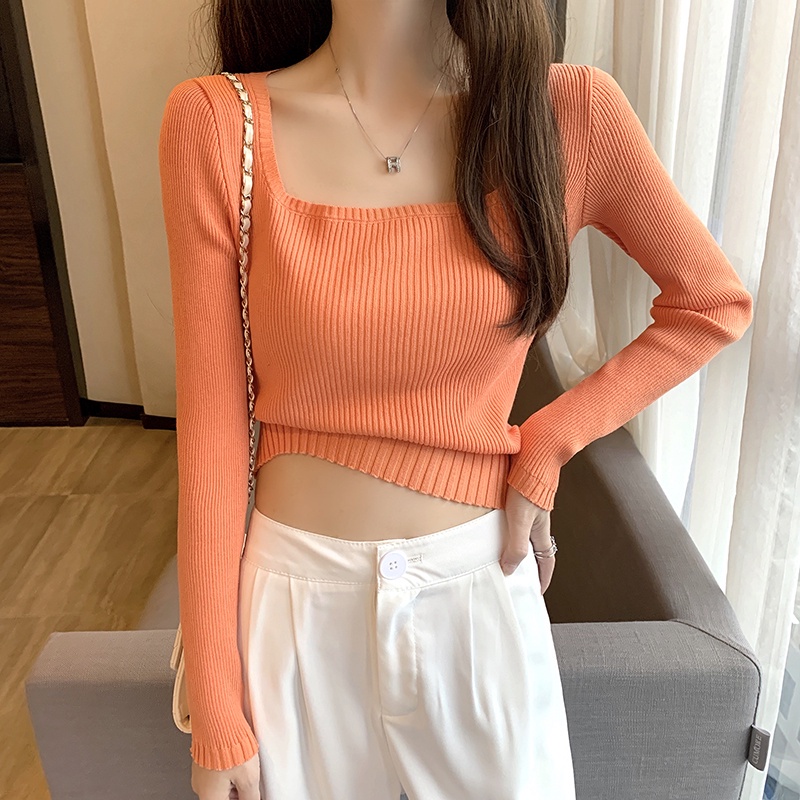 Porozi  Áo dệt kim tay dài cổ vuông dáng ngắn phong cách Hàn Quốc tùy chọn màu sắc dành cho nữ