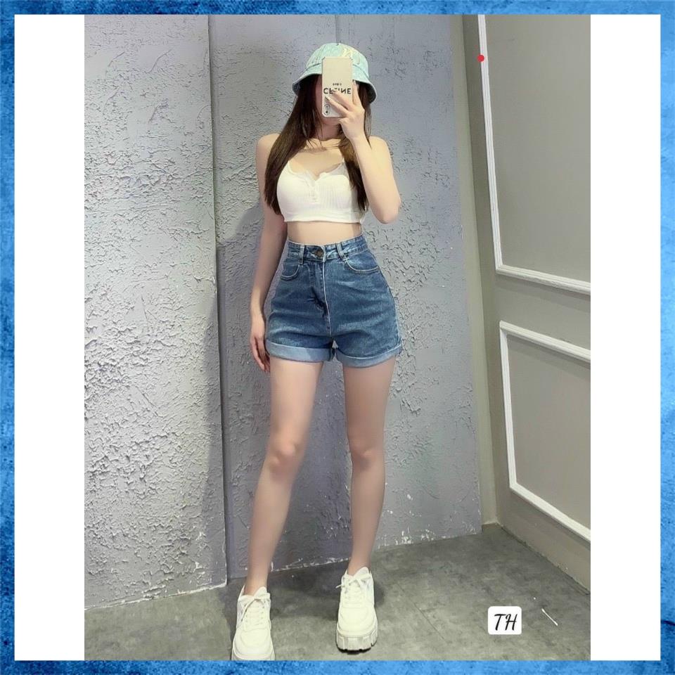 Quần shorts jeans, quần sooc bò trơn lưng cao túi chéo gập gấu sang chảnh S0110