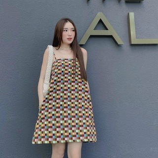 Đầm sọc caro 2 dây form chữ a kèm ảnh thật