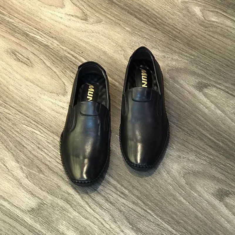 Giày lười nam Muno (01) da bò thật cao cấp cổ thấp bóng không dây thời trang giá rẻ hai màu đen, nâu nhiều size "