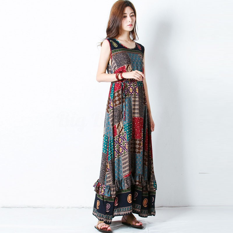 Đầm maxi in họa tiết hoa phong cách boho thời trang cho nữ có thắt dây