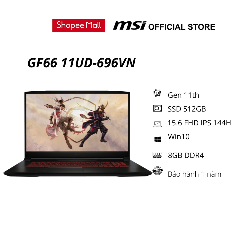 Laptop MSI Gaming Katana GF66 11UD-696VN(I7-11800H Gen11th/8GBDDR4/SSD 512GB PCle/VGA RTX 3050Ti 4GB/15.6 FHD W10 BLA