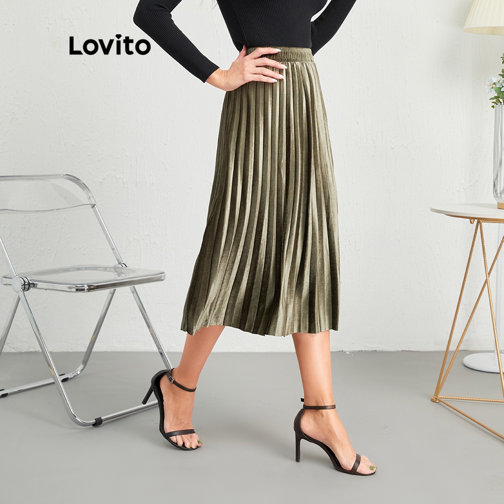 Chân váy Lovito màu trơn xếp ly cơ bản mặc thường ngày L10084 (đen/xanh lá đậm) | BigBuy360 - bigbuy360.vn