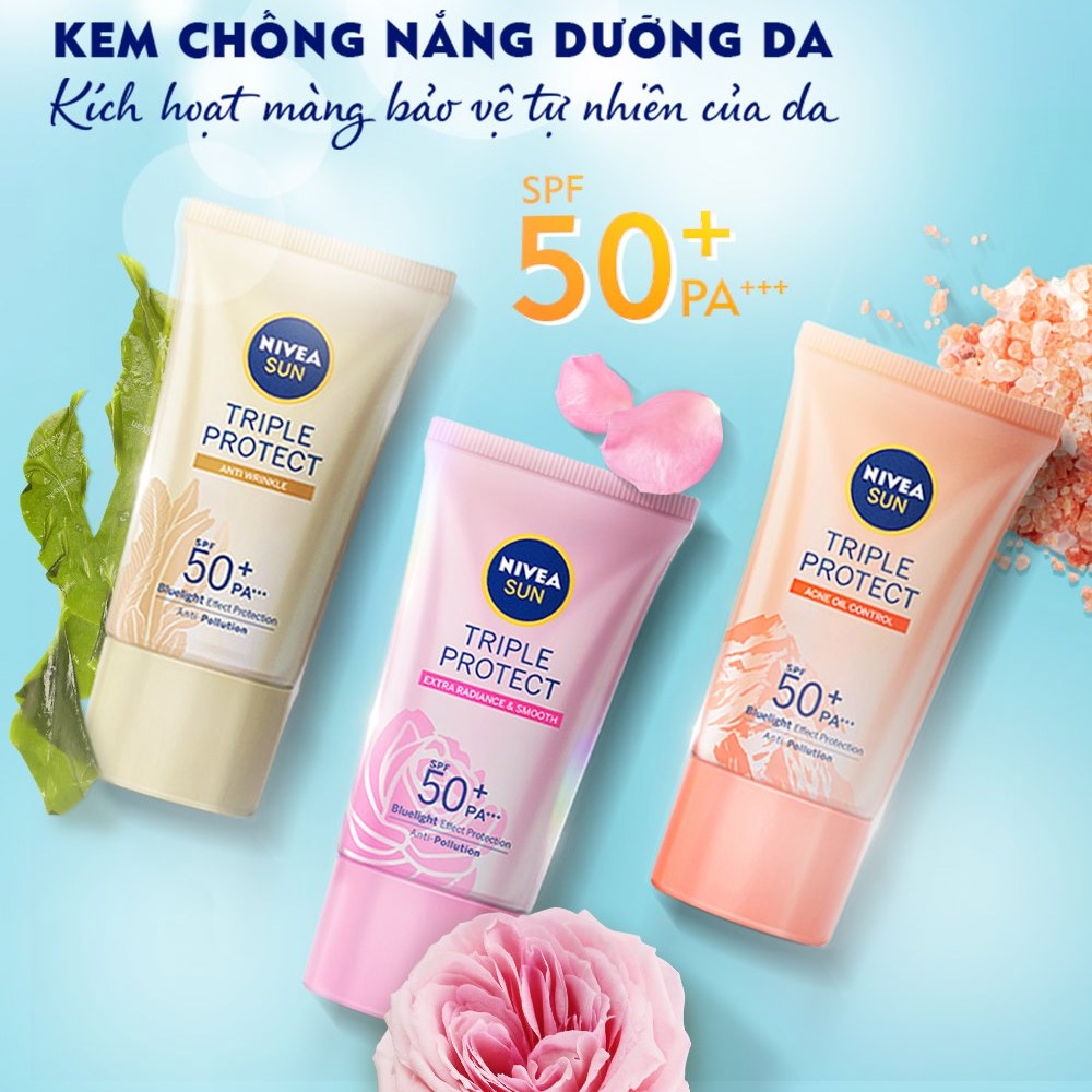 Kem Chống Nắng Dưỡng Sáng Mịn-Kiểm Soát Nhờn Mụn Nivea Sun Triple Protec (40ml)