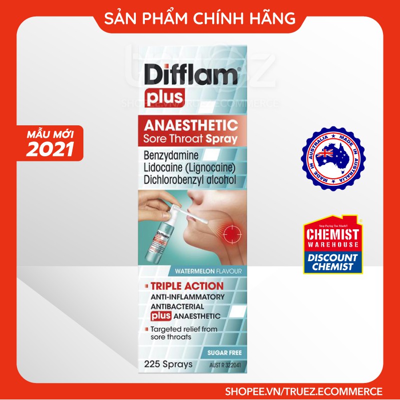 Xịt họng chống viêm, kháng khuẩn, gây tê [Úc] Difflam Plus Anaesthetic Sore Throat Spray 225 lần xịt [Chính hãng]