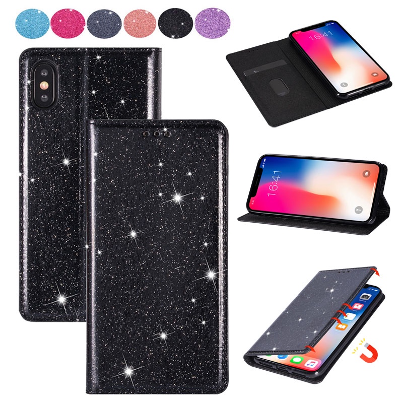 Bao da nắp lật từ tính lấp lánh cho điện thoại Samsung Galaxy S9 S8 Plus S7 A91 A81 S10 Note 10 Lite G965 M80S M60s