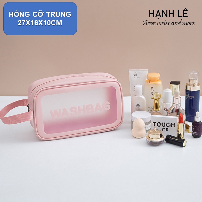 Túi mỹ phẩm du lịch Wash bag màu HỒNG chống nước chất liệu PU xinh xắn có thể gấp gọn nhiều size dễ dàng lựa chọn