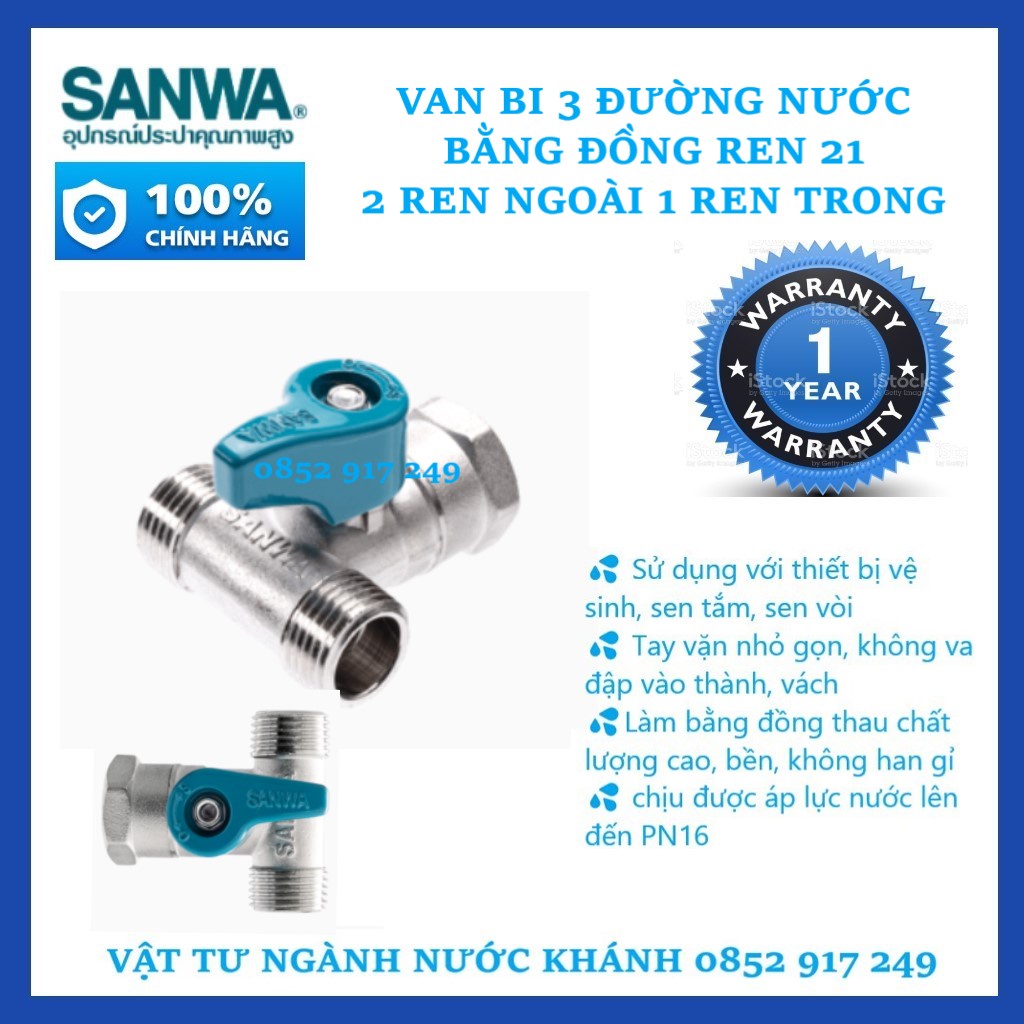 Van chia 3 đường nước Sanwa Thái Lan BV15MFM 2 ren ngoài 1 ren trong, có xuất hóa đơn VAT