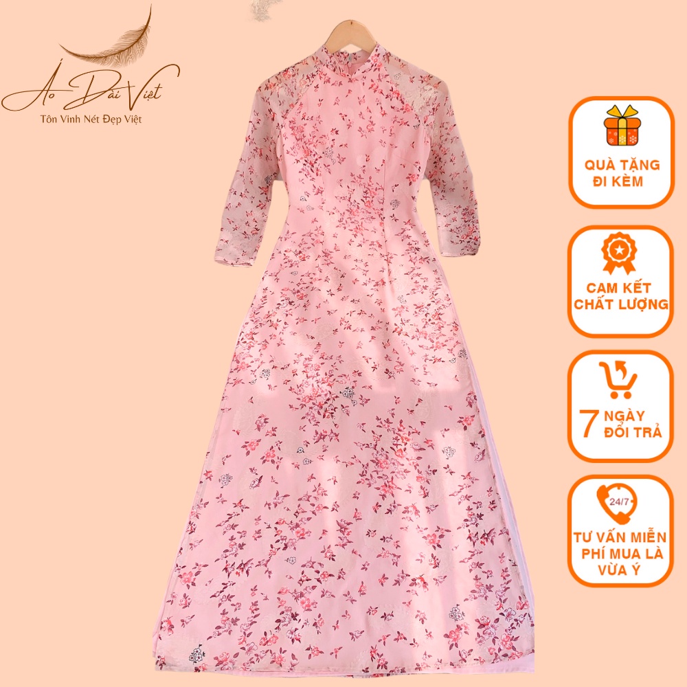 Áo Dài Hoa nhí voon tơ may 4 tà màu hồng + xanh đá nhẹ nhàng