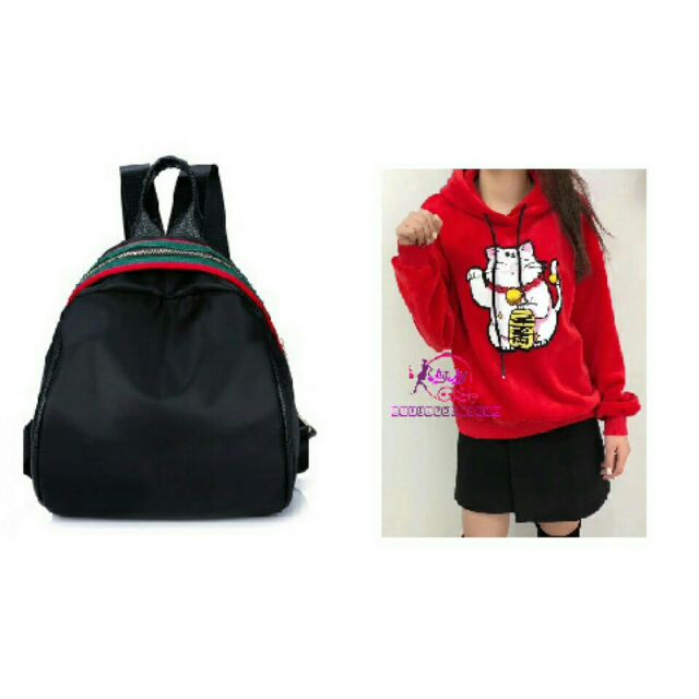 Combo ba lô sọc xanh đỏ và áo Hoodie thần tài