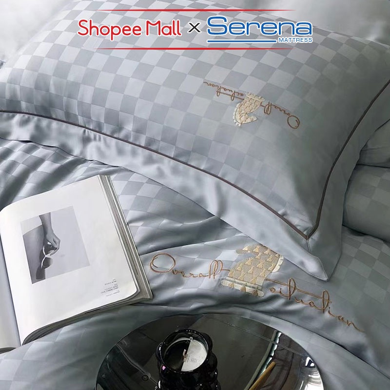 Ga giường Đẹp 5 Món Lụa Thêu SERENA Cao Cấp Bộ Combo Trần Bông Chăn Ra Grap Drap Gối Nệm Trải Phủ Giường Chính Hãng