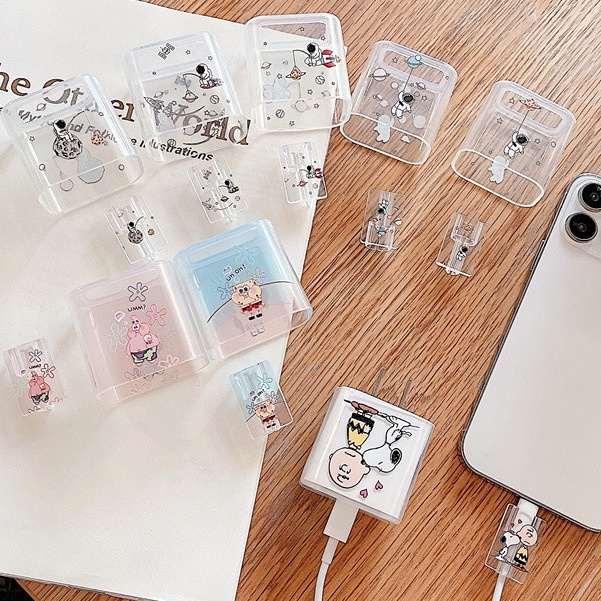 charging head case ip charger protector phone for charger Cute Cartoon Spongebob Patrick Astronaut Transparent TPU Preserve the charging cable charging adapter cover 18/20W