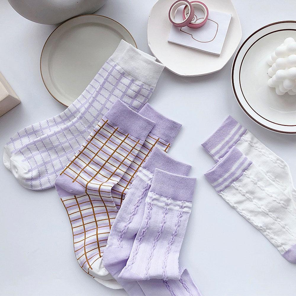 Vớ Cotton Họa Tiết Kẻ Sọc / Tím / Trắng Phong Cách Harajuku Thời Trang Cho Nữ