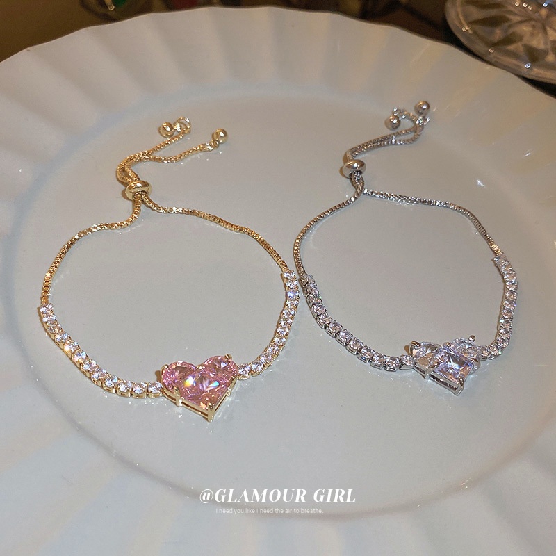 Vòng Tay Đính Đá Zircon Hình Trái Tim Sang Trọng Phong Cách Hàn Quốc Có Thể Đ