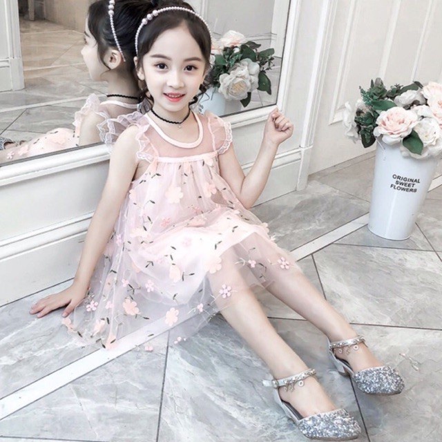Đầm công chúa phối ren thêu hoa cho bé gái 10-20 kg