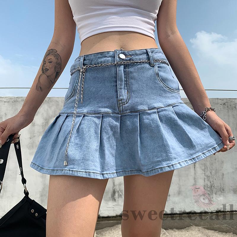 Chân Váy Denim Màu Trơn Có Túi Thời Trang Thiết Kế Cho Nữ