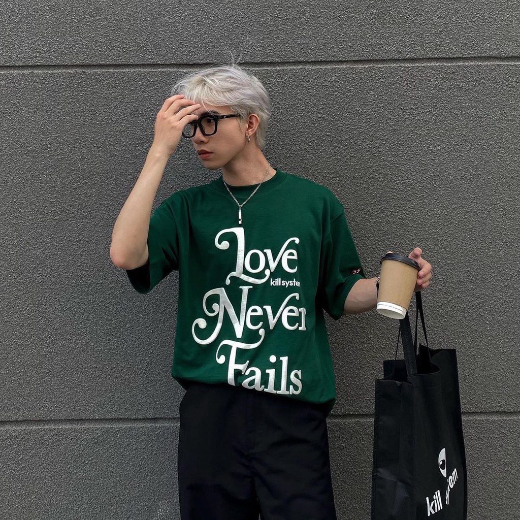 Áo Thun Xanh Lá Love Never Form Rộng Nữ Meeny- Phông Tay Bồng 100% Cotton Khô Hình In Nổi Phong Cách Ullzang