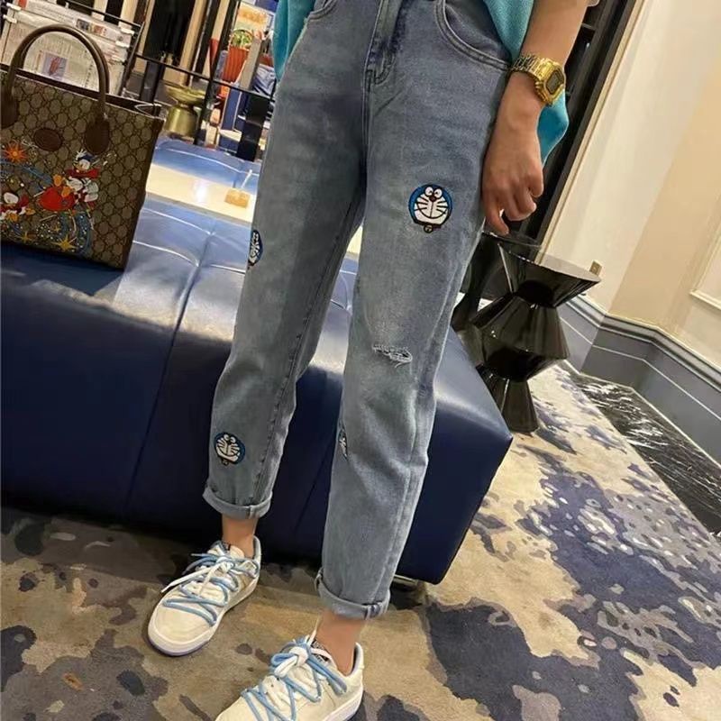 European station 2022 summer new embroidery robot cat jeans women's large size high waist style Harlan trousers trend