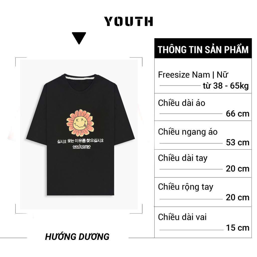 Áo thun nam nữ unisex YOUTH form rộng cổ tròn tay lỡ vải Cotton xịn FreeSize(38-65Kg) - Hoa Hướng Dương - AP56