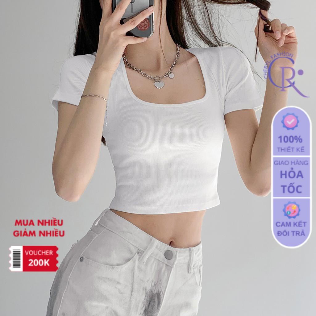 Áo croptop nữ cổ vuông ôm body, Áo thun nữ ngắn tay croptop năng động tanktop nhiều màu đen trắng tím nâu hồng CHR218