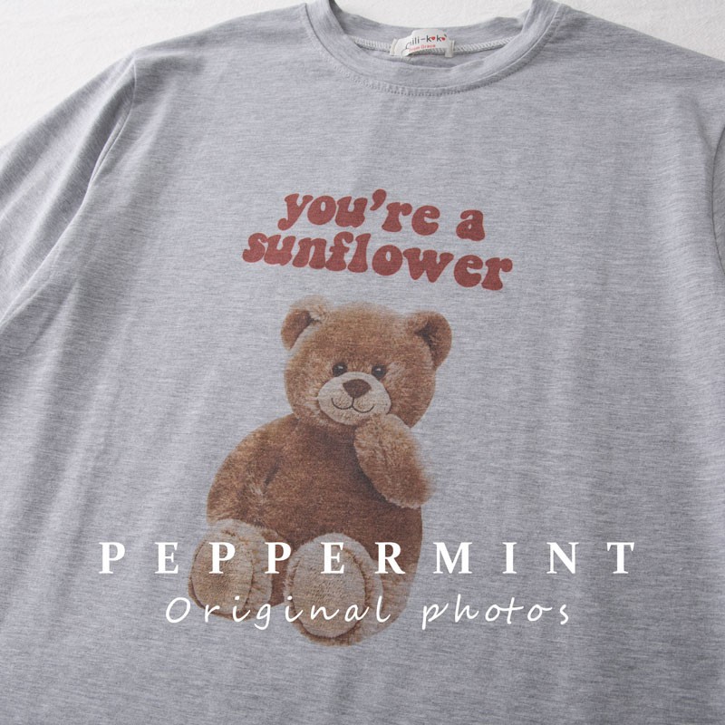 Áo thun Peppermint 41128 tay ngắn in hình gấu dễ thương phong cách Hàn Quốc thời trang