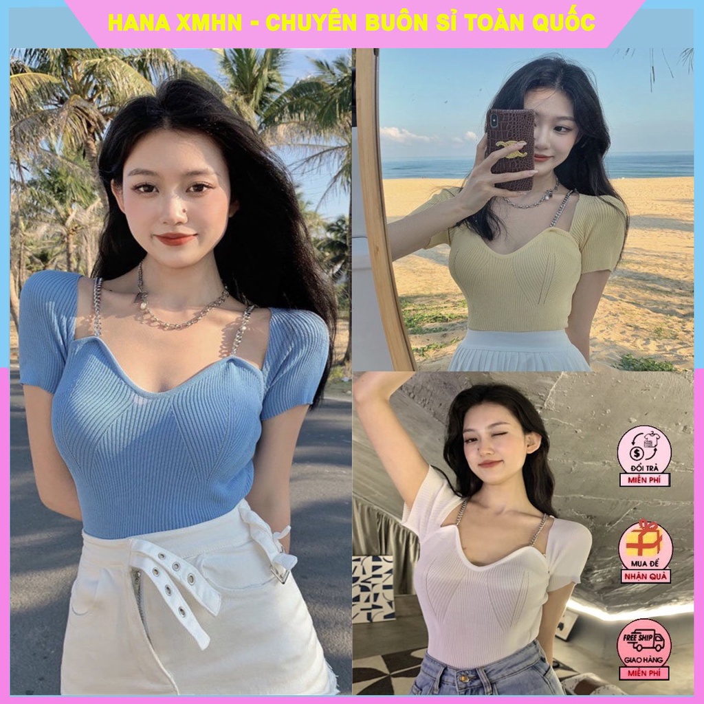 [ÁO DỆT KIM] Áo Len Nữ Mỏng Ôm Dáng, Áo Tăm Dây Xích Cổ V Tay Ngắn | BigBuy360 - bigbuy360.vn