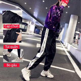 Quần jogger thun thể thao unisex phối sọc trắng và chữ cá tính dáng rộng MOLA, chất mịn đẹp phong cách đường phố