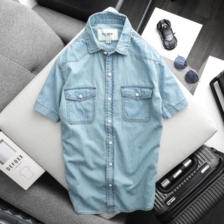 Áo sơ mi nam ngắn tay áo kiểu slimfit PB vải denim màu xanh nhạt 0830 foxxmen
