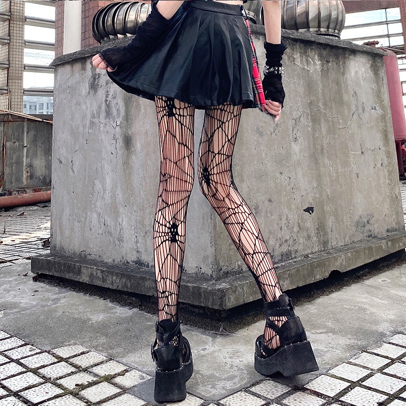 Quần tất lưới mạng nhện đầu lâu cá tính dành cho nữ dịp halloween lụa đen