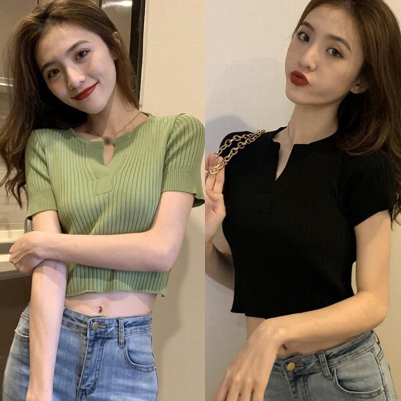 Áo Nữ Áo croptop dệt kim tay ngắn thiết kế cổ chữ V nữ tính