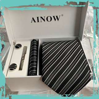 HDBộ hộp cavat quà tặng ca vát nam 8cm khăn lụa kẹp cà vạt kèm khuy áo quà tặng bố GiangPKC đen sọc sang trọng 2681