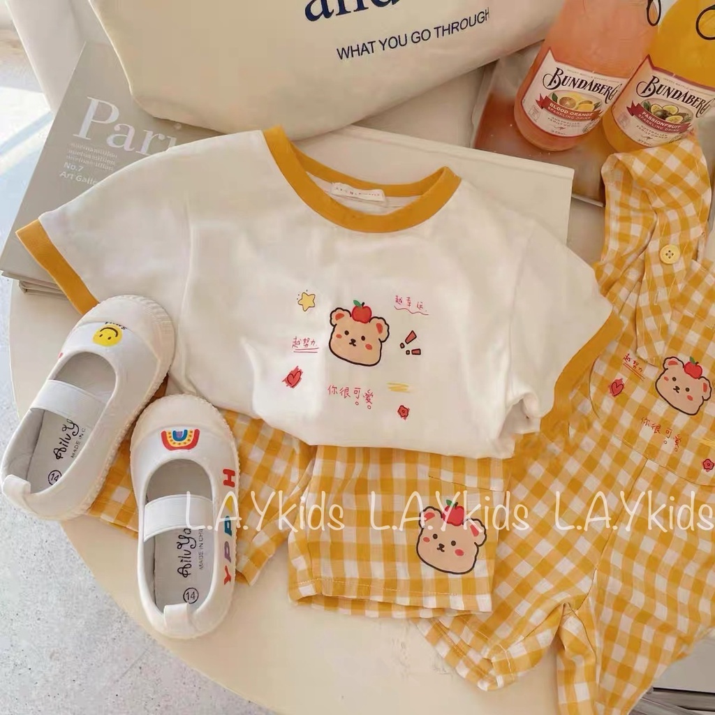Set Coton Gấu Nhật Kẻ Caro Vàng Kute