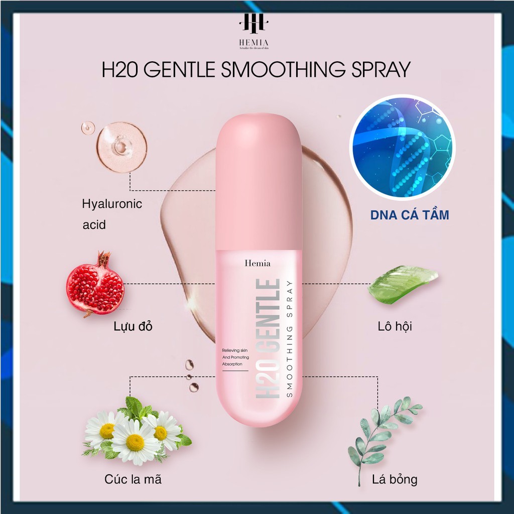 Xịt khoáng căng bóng DNA cá tầm H20 gentle cấp ẩm, làm dịu da, bảo vệ lớp trang điểm