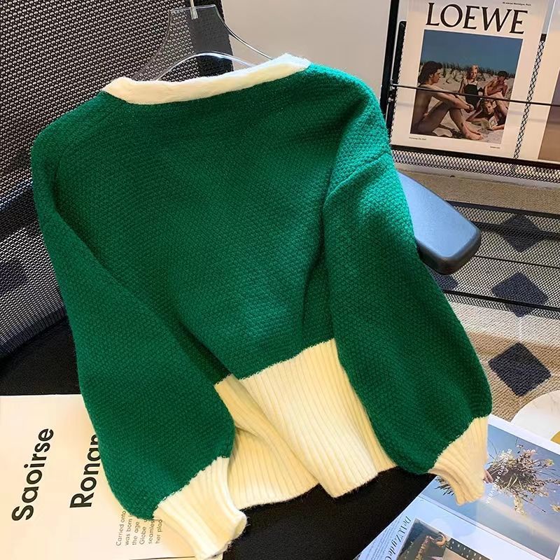 Áo Khoác cardigan Dệt Kim Cổ Chữ v Màu Sắc Tương Phản Phong Cách Hàn Quốc Thời Trang Thu Đông Cho Nữ