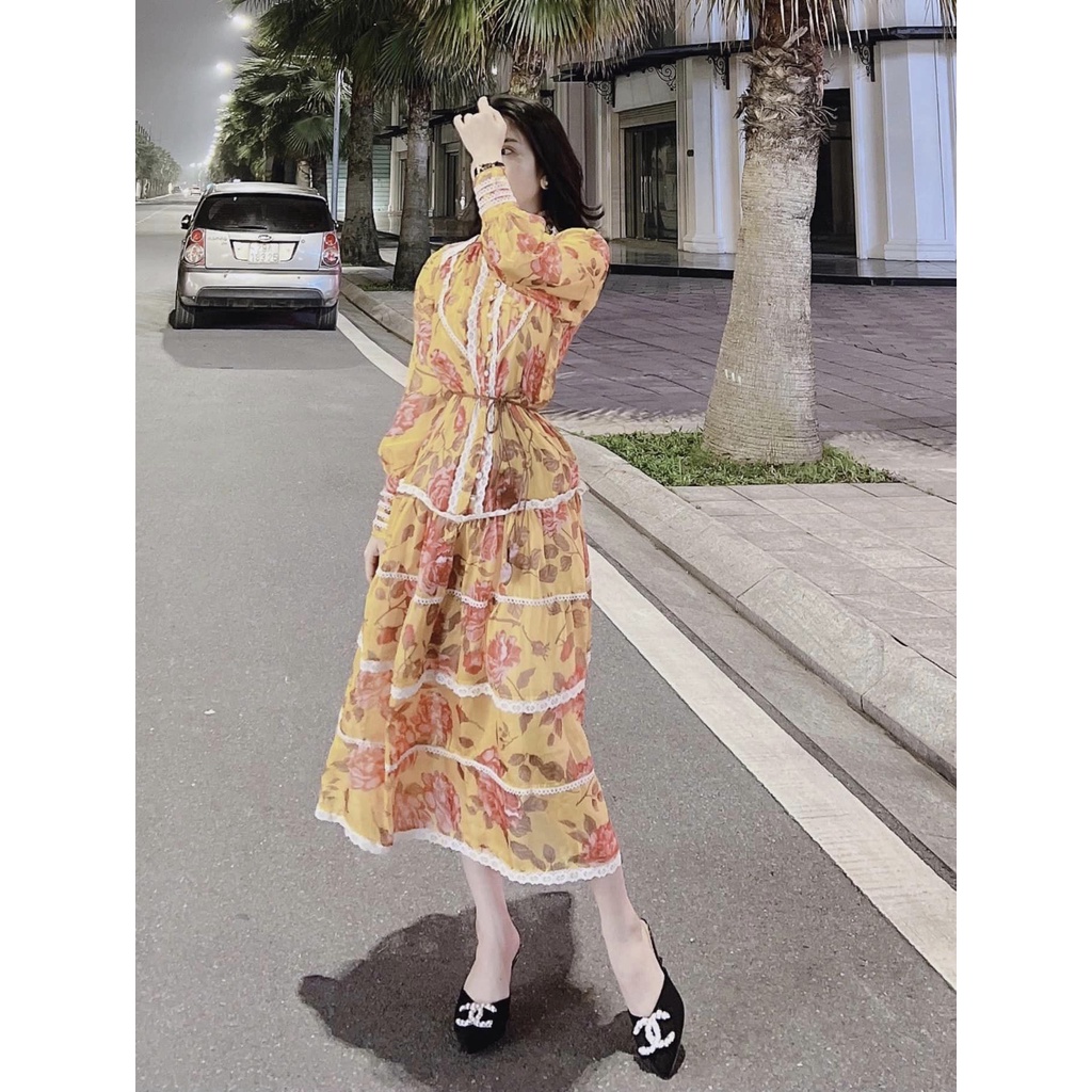 Váy Tơ Hoa Viền Ren Dài Tay siêu xinh