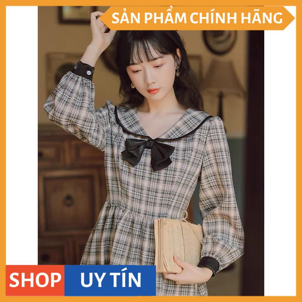 Đầm xòe caro tay dài, cổ nơ kiểu tiểu thư xinh yêu dễ thương, dự tiệc cưới đi chơi bao đẹp, hàng cao cấp tại VADA - V08 | BigBuy360 - bigbuy360.vn
