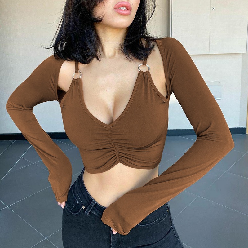 Áo Croptop Tay Dài Cổ Chữ V Màu Sắc Trơn Thời Trang Mùa Hè Dành Cho Nữ