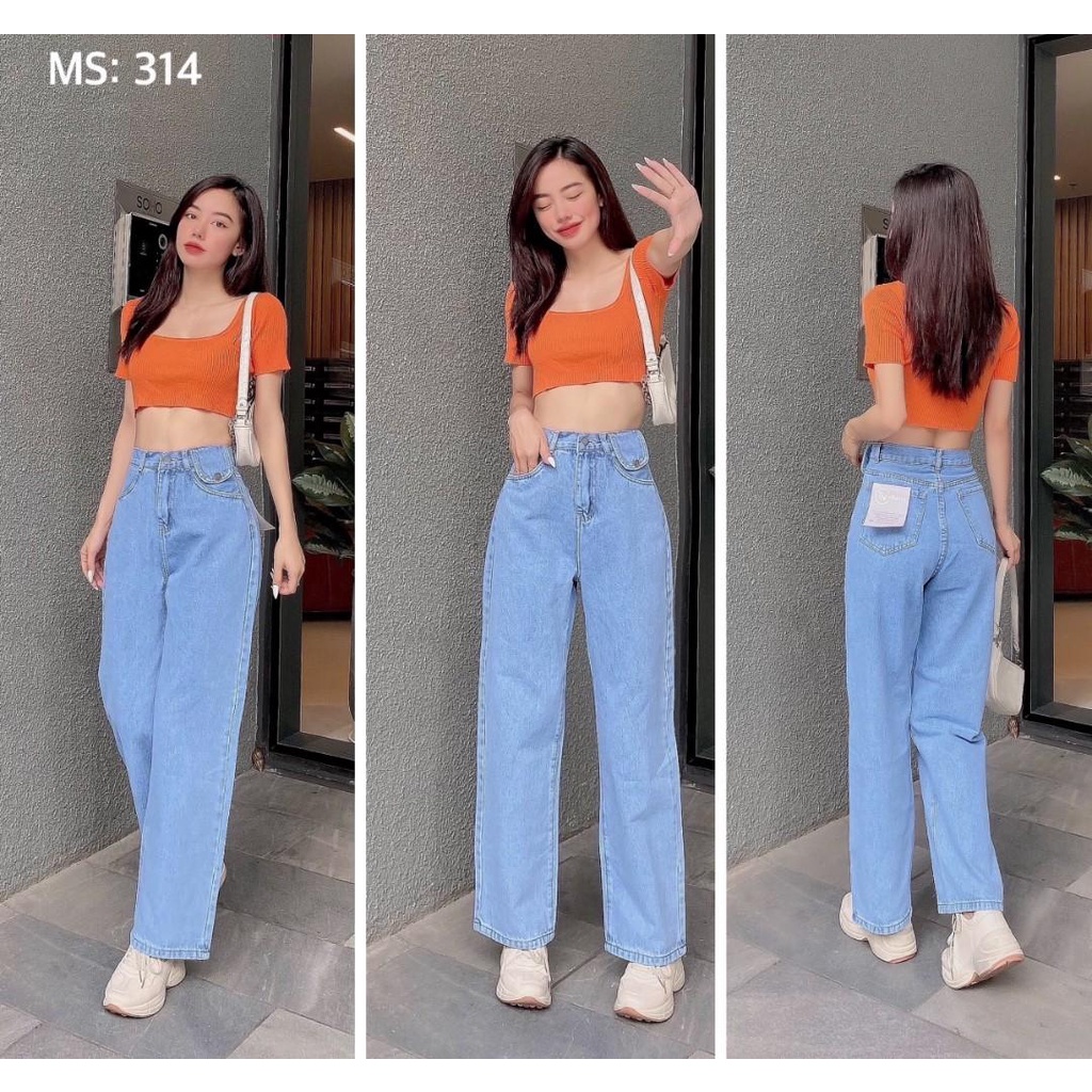 Quần baggy jean nữ dáng dài ống suông phối nắp túi ảnh thật