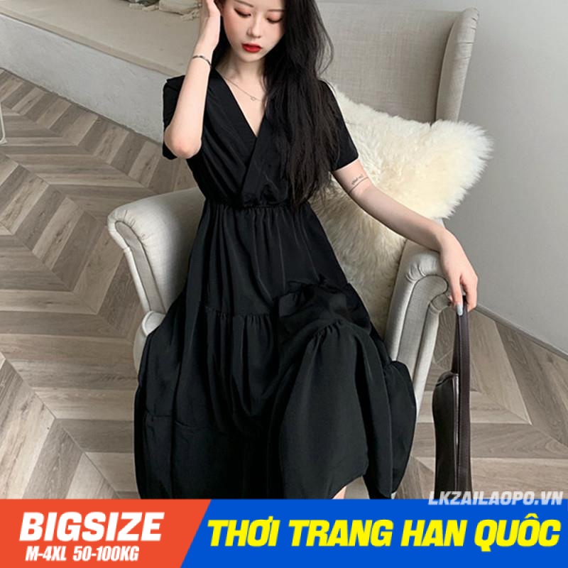 Đầm Bigsize Váy nữ dáng suông tay ngắn cổ chữ v che bụng mỡ ôm eo đen mùa hè Phong cách Hàn Quốc Thời Trang cá tính xinh đẹp cho người mập béo nữ
