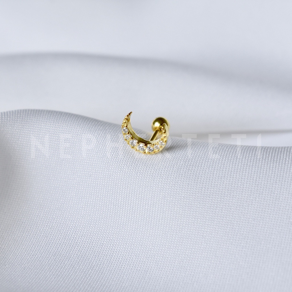Khuyên tai bạc 925 mini - Mặt trăng đá chốt bi vặn  - Nepherteti