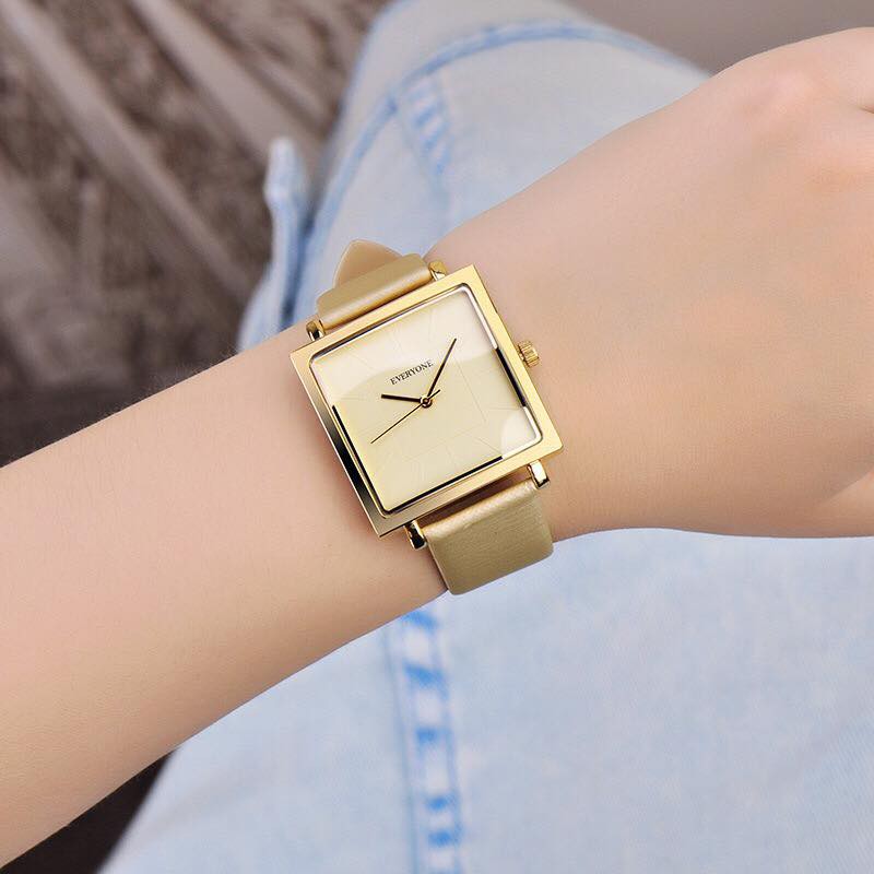 [HÀNG CHÍNH HÃNG] Đồng hồ nữ EVERYONE mặt vuông dây da cao cấp size 36mm