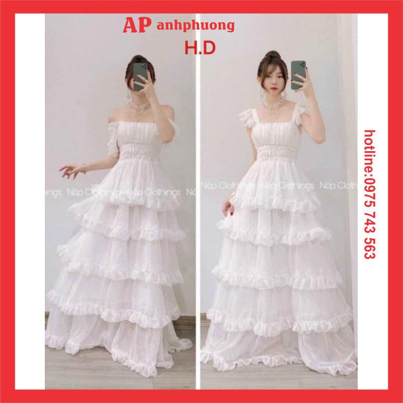 Đầm Trắng Công Chúa Nhiều Tầng Dự Tiệc Dáng XòeVáy Maxi thiết kế trễ vai or cổ vuông; mặc 2kiểu Vintage Tiểu Thư