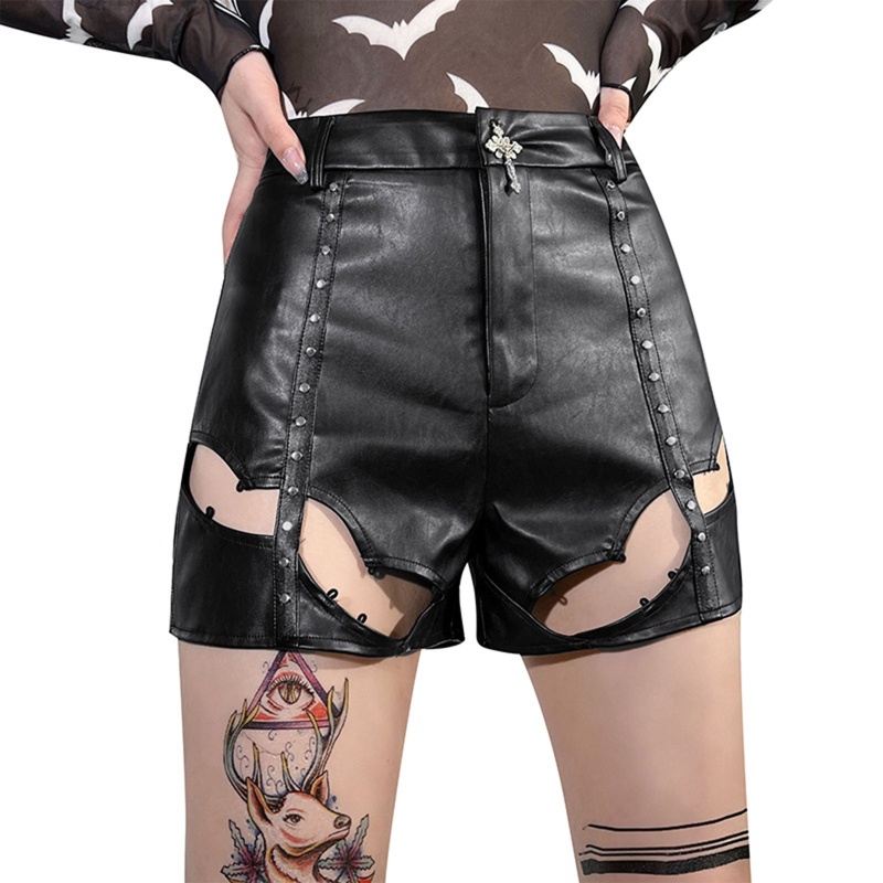 Quần Short Nữ Da PU Đen Lưng Cao Co Dãn