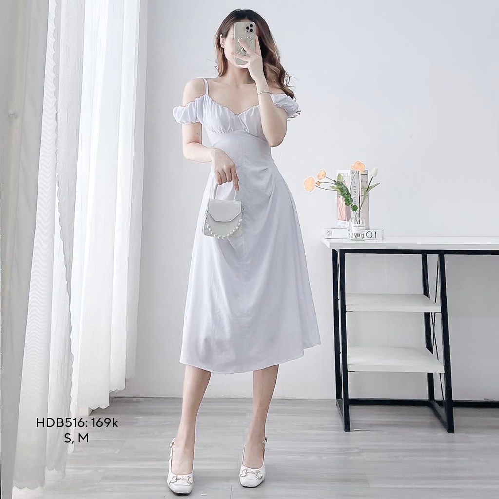 Đầm Dự tiệc Váy 2 Dây Thiết kế vai bèo nhún cúp ngực chất liệu linen CHIBEST HDB516