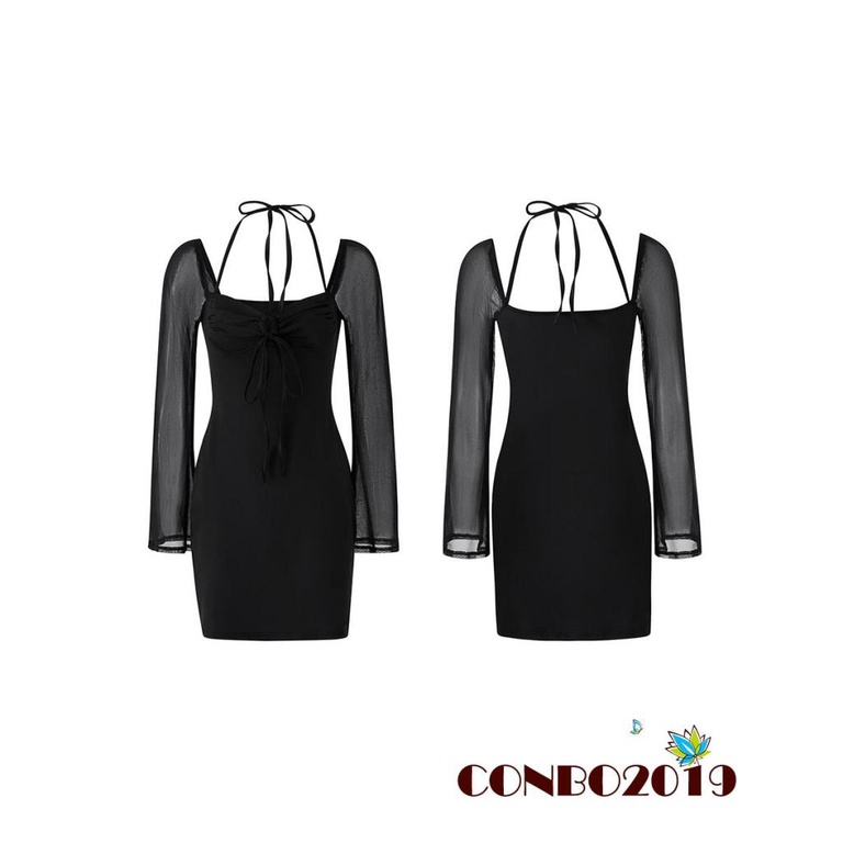 Đầm Tay Dài Phối Lưới Xuyên Thấu Màu Trơn Thời Trang Mùa Hè Cho Nữ