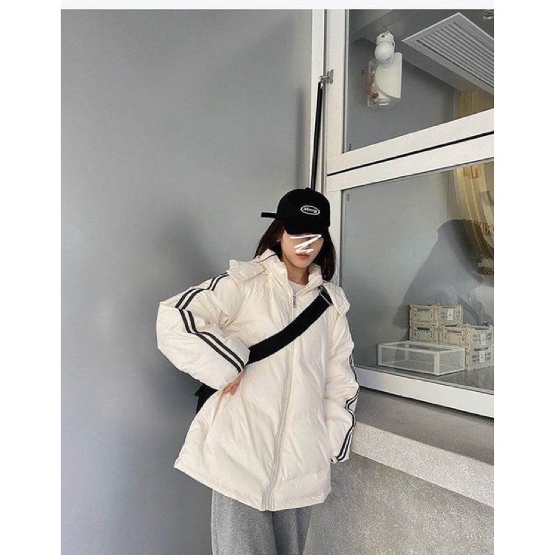 Áo phao mũ 2 sọc  có mũ, 2 màu Đen, Sữa dáng thể thao 2 size M và L, trẻ trung,mềm đẹp, phong cách Hàn Quốc