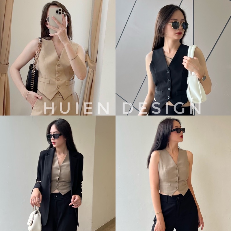 Áo gile nữ 2 lớp cổ V hàng thiết kế Huien Design phong cách Hàn Quốc, form rộng có cơi túi